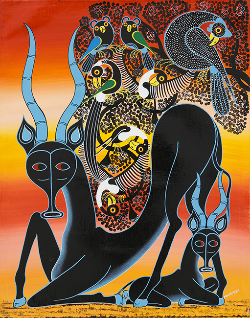 アフリカ 絵画 アート ティンガティンガ チワヤ レイヨウ 鳥 楽園 動物園