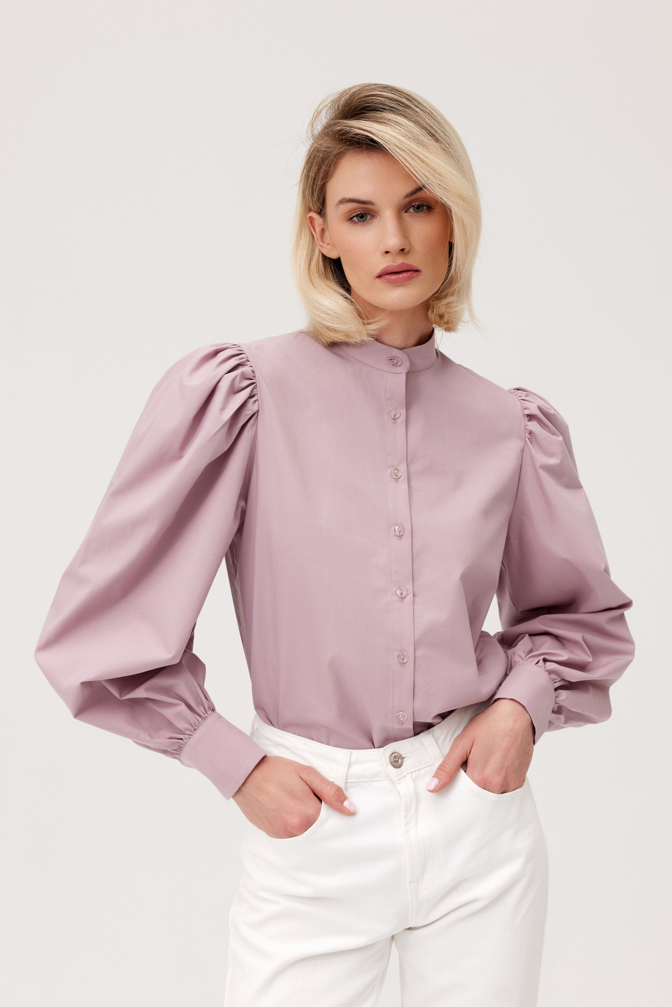 COTTON SHIRT WITH HIGH COLLAR AND PUFF SLEEVES- POWDER PINK - TOTU