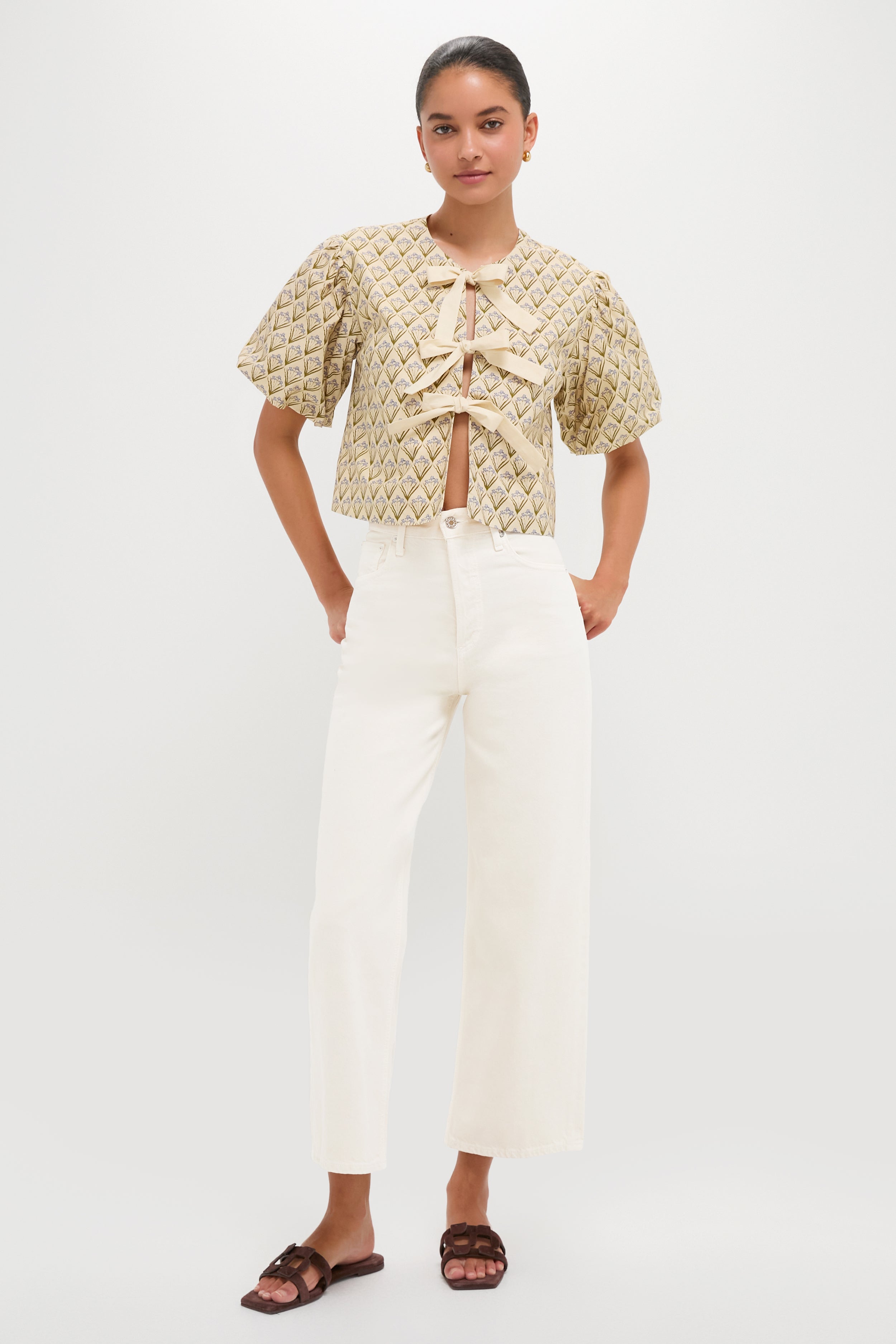 Beige Trellis Floral Tie Crossvine Blouse | Hyacinth House