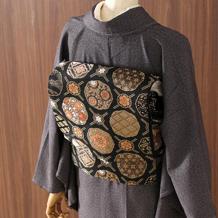 楽天市場】[ 東レシルック 糸使用] 洗える 袋帯 織・格子に大華紋（黒