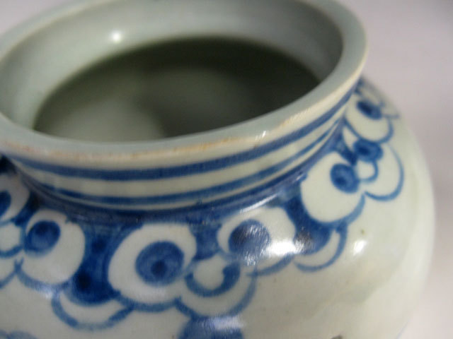 李朝 青華 染付 楼閣山水人物図 大瓶 大壺 高 約37.2cm 韓国古美術 李