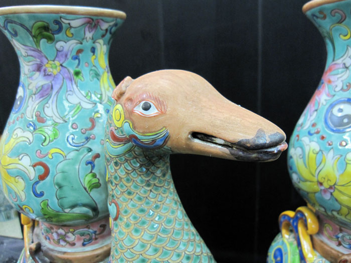 中国美術 彫刻 陶器製 置物 中国古玩美術 花瓶 山水画 焼き物 高さ49