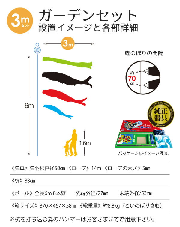 楽天市場】鯉のぼり 庭用 京錦 3m 6点 庭園用 ガーデンセット 吹流し+