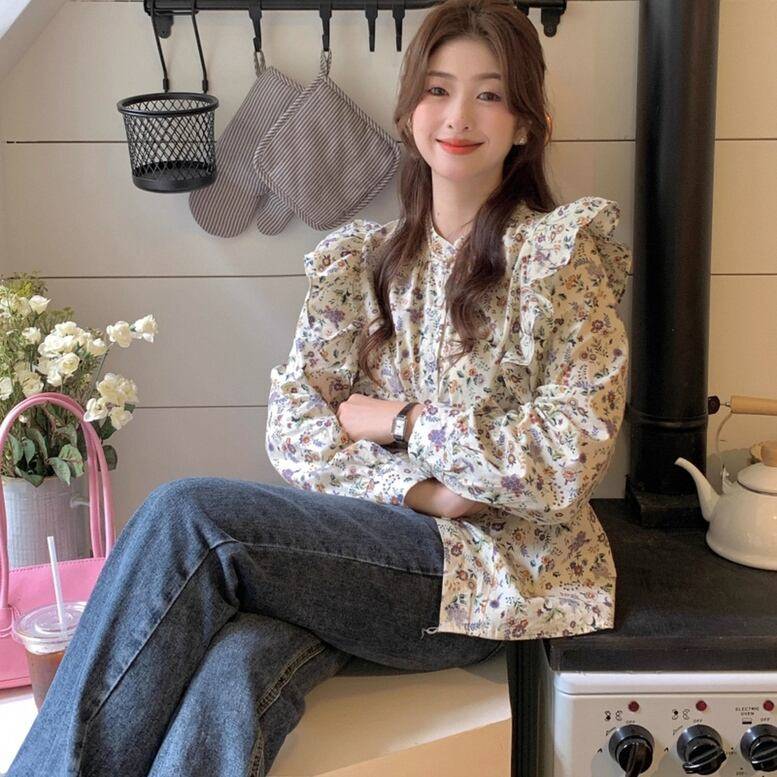 楽天市場】レディース ノーカラーフリル花柄シャツ トップス シャツ