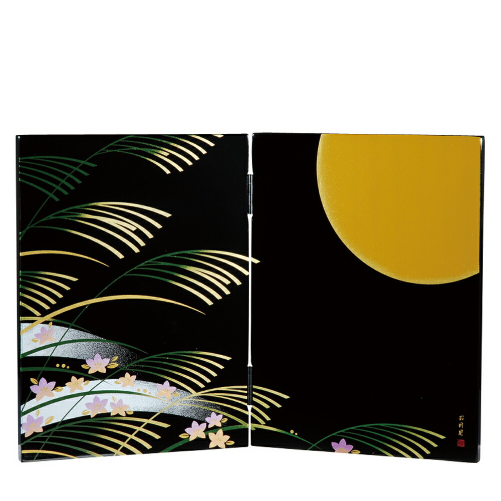 四つ折り屏風 日本画 金箔彩色 ススキ・小菊に鶉 四つ折り屏風 日本画