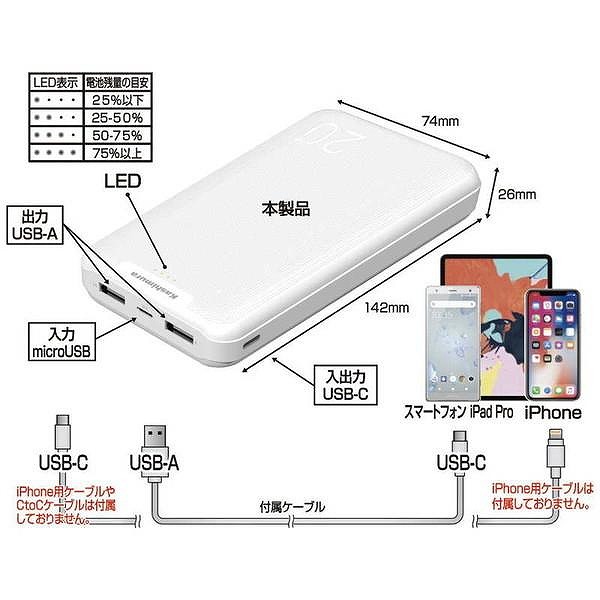 楽天市場】カシムラ AJ-617 モバイルバッテリー20000mAh C WH