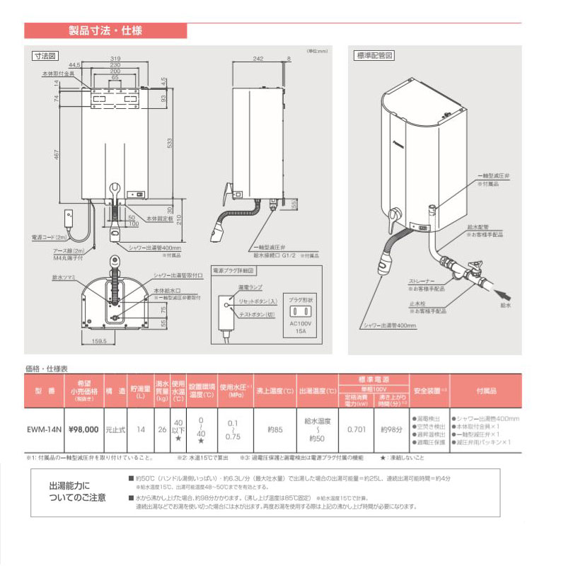 楽天市場】壁掛貯湯式電気温水器 EWM-14N iHOT14 アイホット14 iTomic