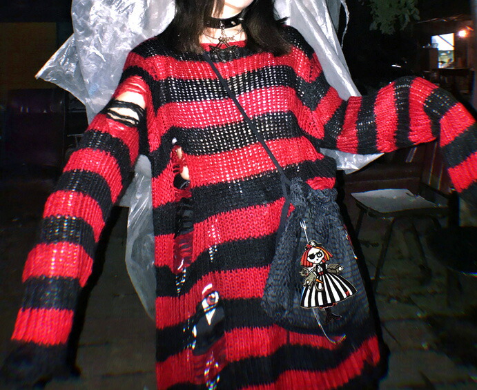 楽天市場】ダメージ入り ボーダーニット 赤×黒 ゴシックパンク メンズ