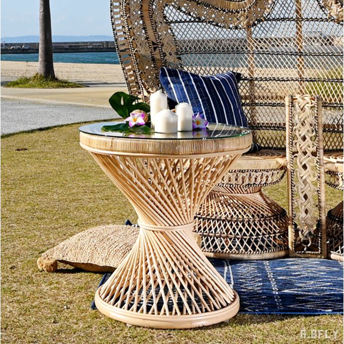 希少】サイドテーブル 花台 木製 ラタン天板 アジアン家具