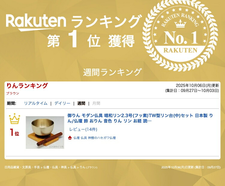 楽天市場】御りん モダン仏具 唱和リン2.3号(フッ素)TW型リン台(中