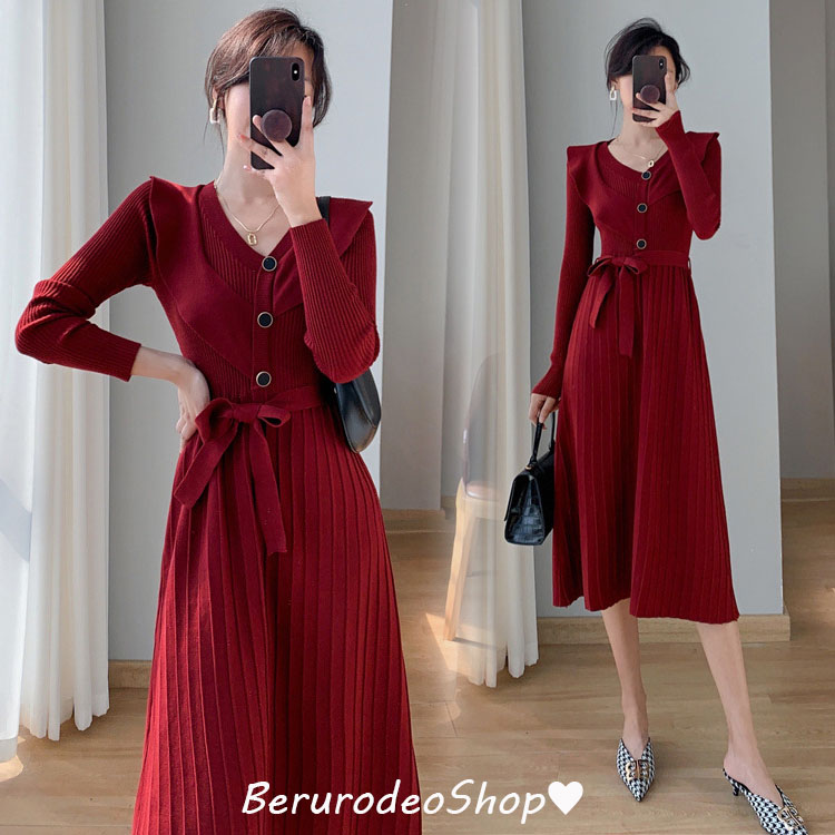 楽天市場】ニットワンピース レディース 黒 ワイン赤 ロングワンピース