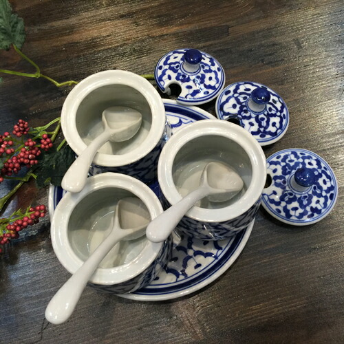 楽天市場】【調味料入れ 3容器 青白陶器】青白食器パイナップル柄陶器