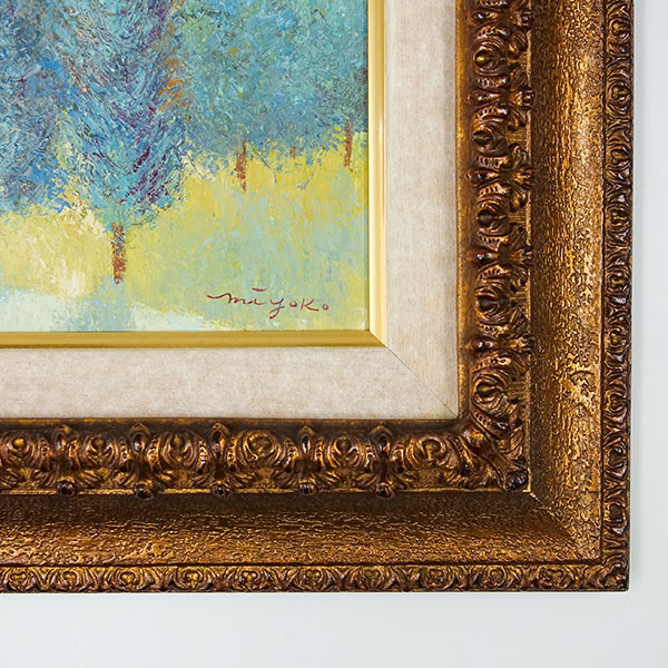 油絵 菅家令子絵 絵画インテリア額付(青緑＋金色の枠)uF6-063304レモン