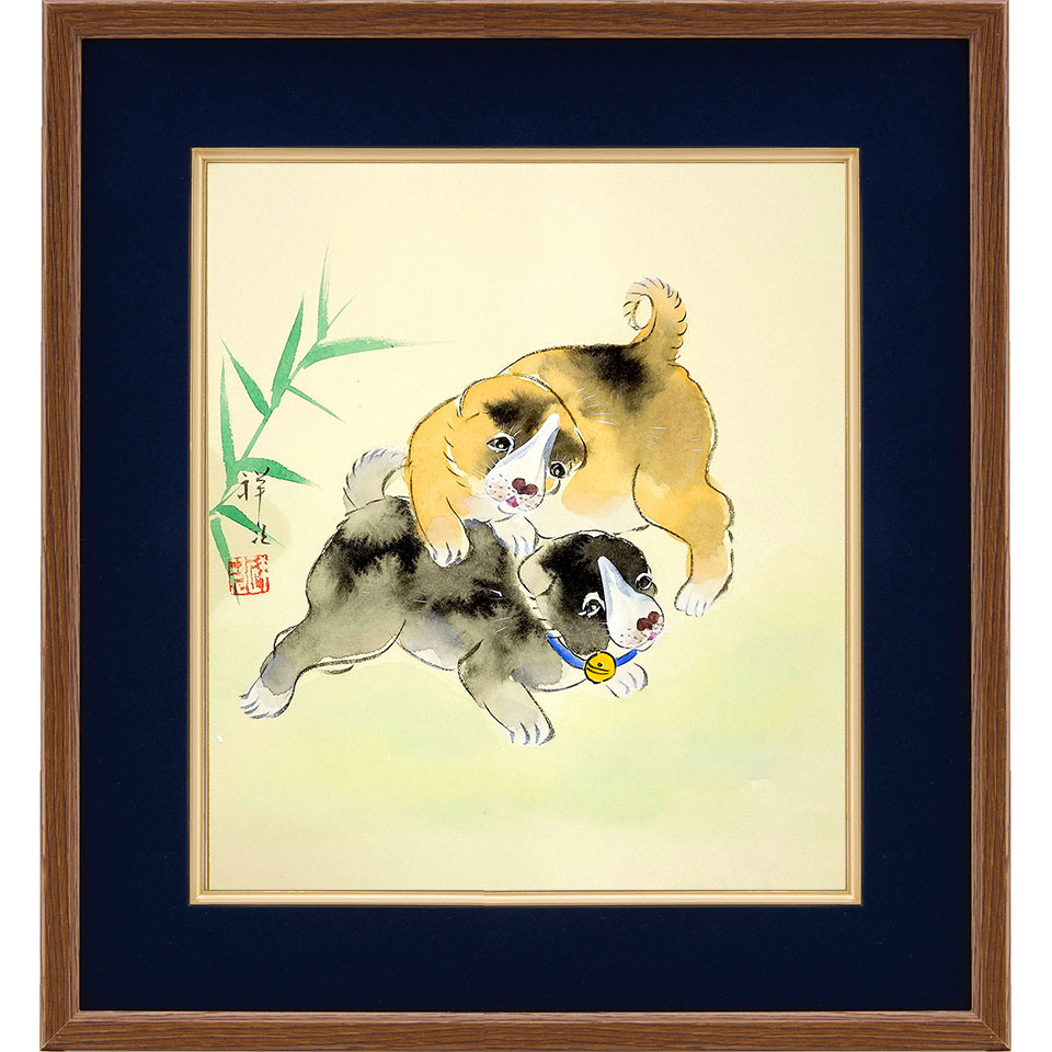 楽天市場】色紙額 祥次 「犬」 日本画 真筆 額入り 肉筆画 手描き 動物