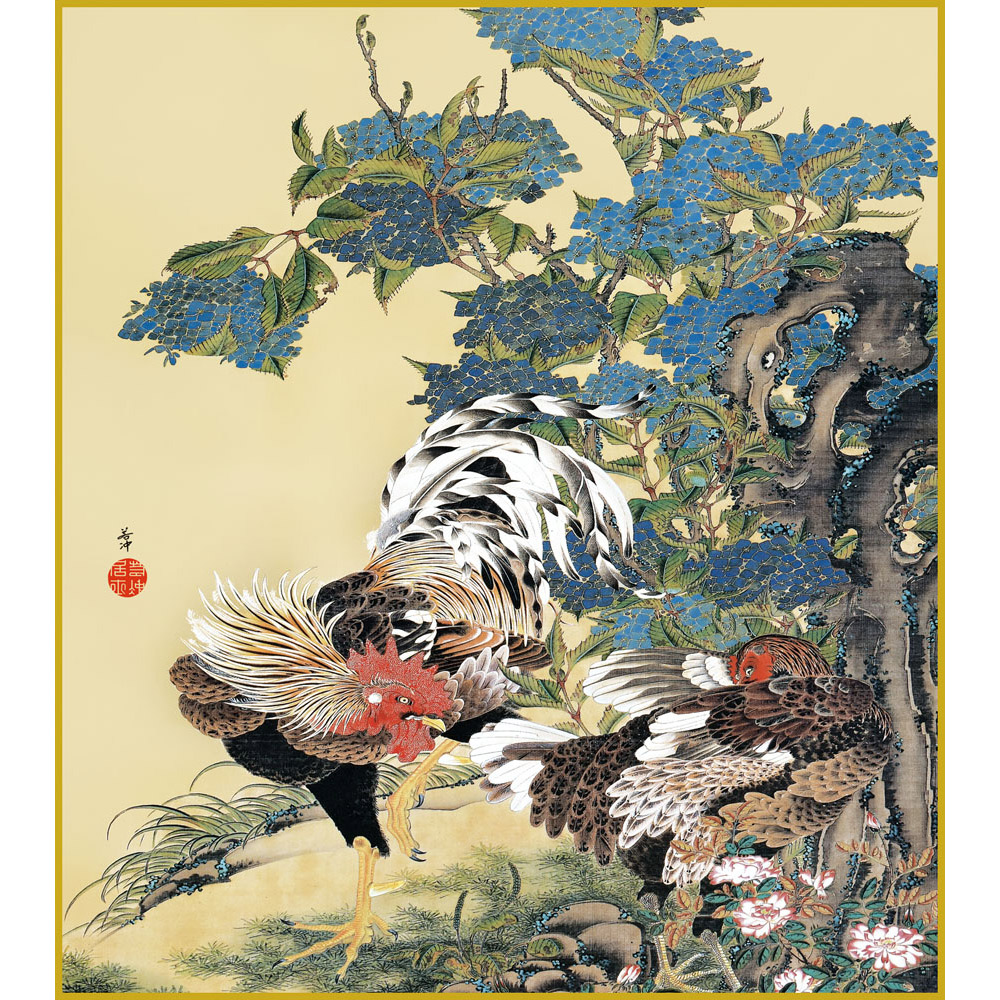 楽天市場】【色紙】 伊藤若冲「紫陽花双鶏図」複製画 色紙 特殊工芸画
