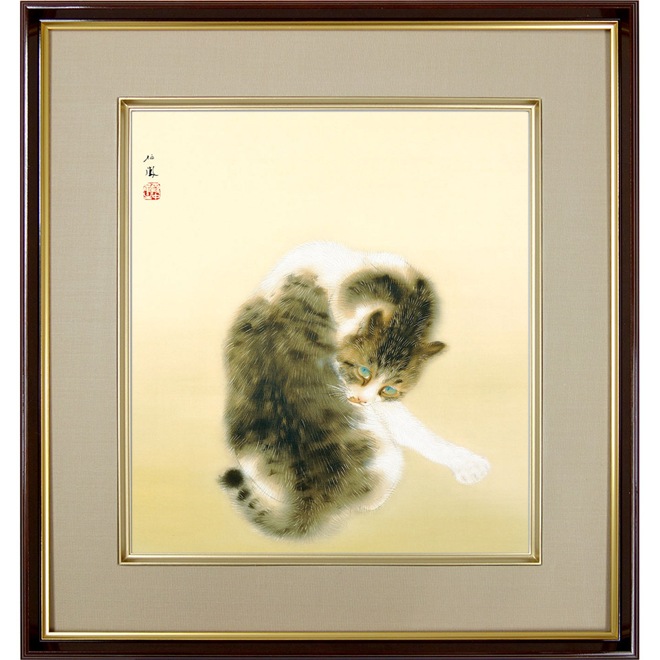 楽天市場】竹内栖鳳「班猫」 複製画 額入り 色紙額 特殊工芸画 ねこ