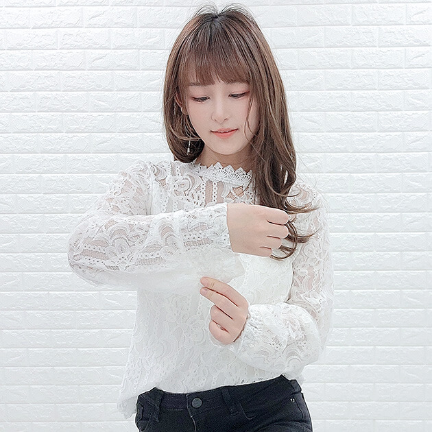 楽天市場】立ち襟 レース 長袖 ブラウス シャツ ホワイト ブラック