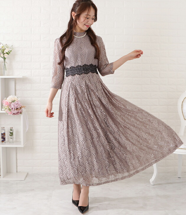 楽天市場】総レース7分袖配色フレアワンピース 女性 レディース ドレス