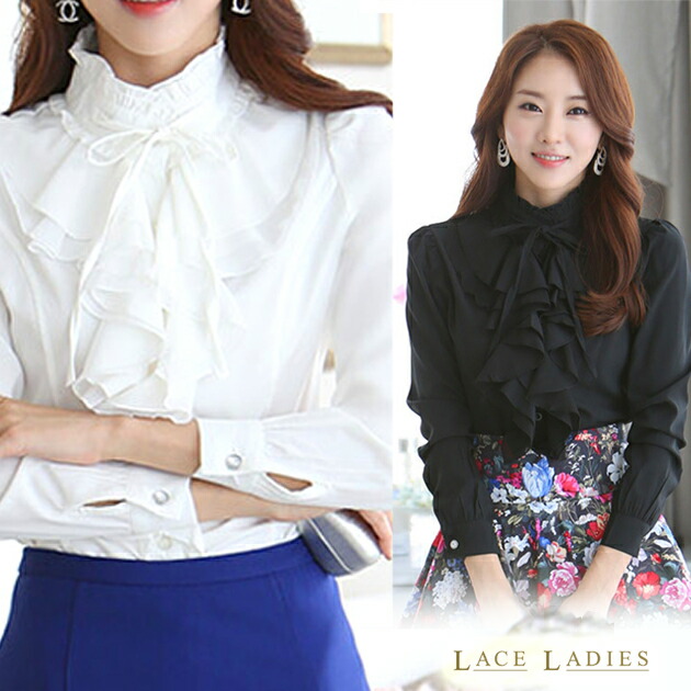 楽天市場】フリル ロングブラウス 長袖 襟付 シャツ ロングスリーブ