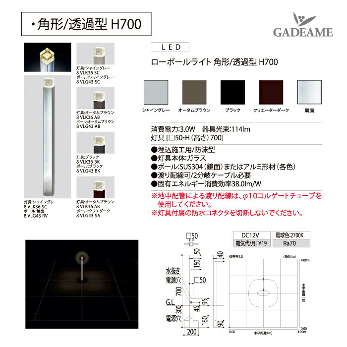 楽天市場】ローポールライト H700 透過型 角形 灯具+ポールセット プロ