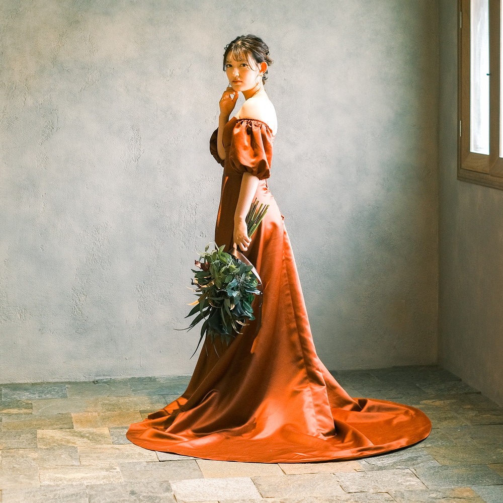 楽天市場】カラードレス テラコッタ 前撮り 二次会 オフショルダー