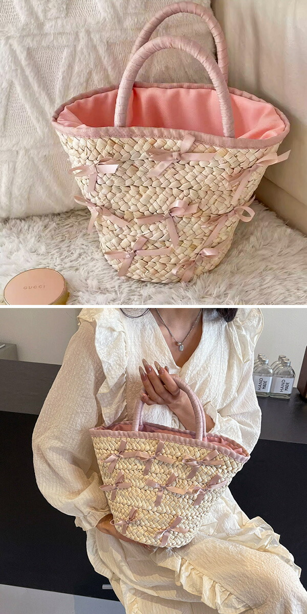 楽天市場】リボンカゴバック りぼん ラタン かごバック ストローバック