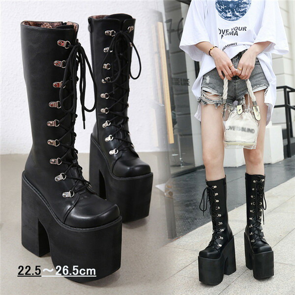 楽天市場】編み上げブーツ ロングブーツ 靴 超厚底 ヒール17cm 春秋