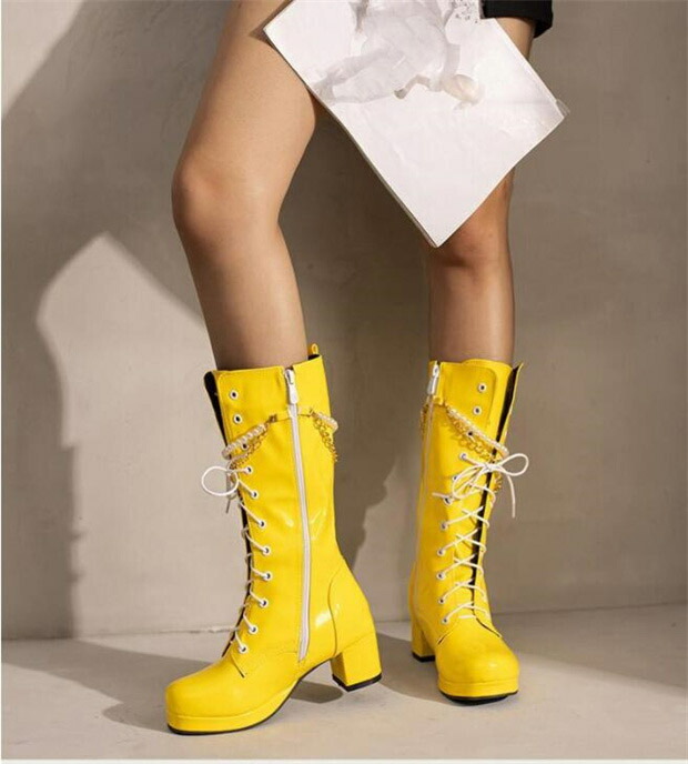 楽天市場】ロングブーツ 編み上げ ビタミンカラー ヒール5.5センチ 太