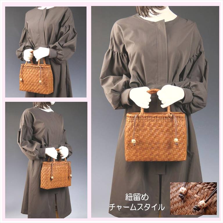 楽天市場】山葡萄 かごバッグ 小さめ 網代編み 巾着付き 柿渋染め 山