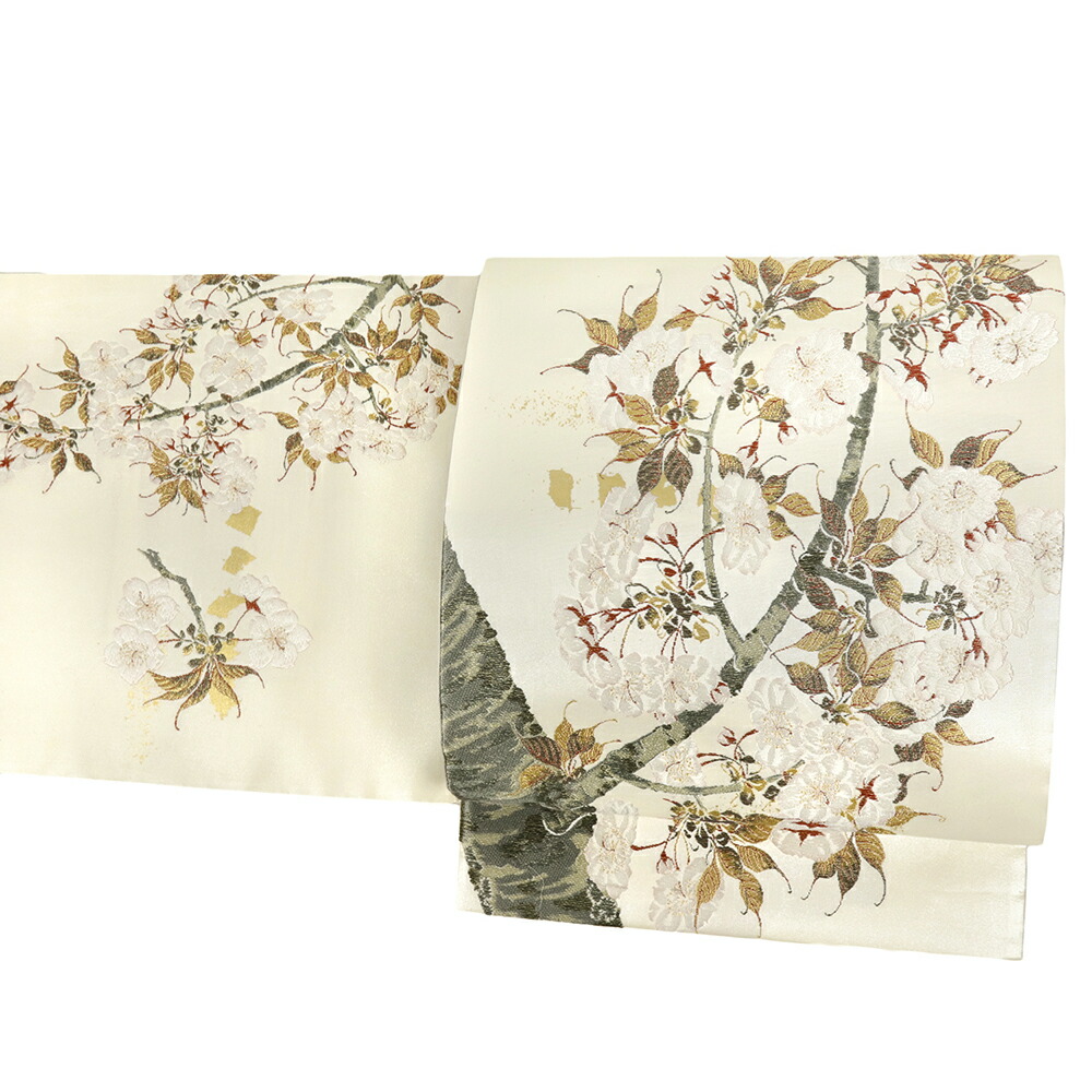 楽天市場】袋帯 正絹 浅山織物 真珠箔 白地 生成 桜 桜の木 西陣織