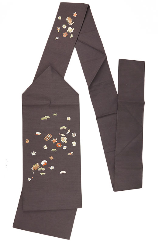 楽天市場】名古屋帯 手刺繍 未使用 正絹 紬 カジュアル 濃茶 宝尽くし