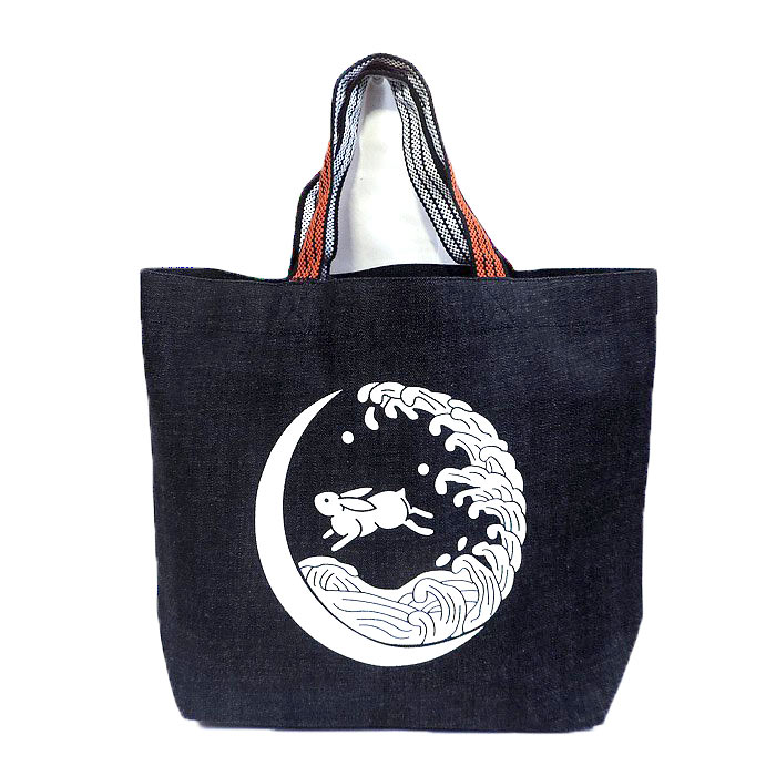 楽天市場】レトロデニムトートバッグ（横長） 浪に月うさぎ 倉敷デニム