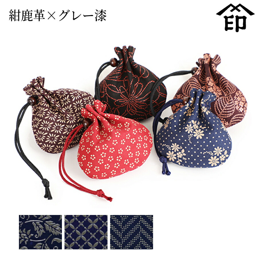楽天市場】甲州印伝 ≪ 印傳屋 ≫ 3009 ミニ巾着[紺鹿革×グレー漆