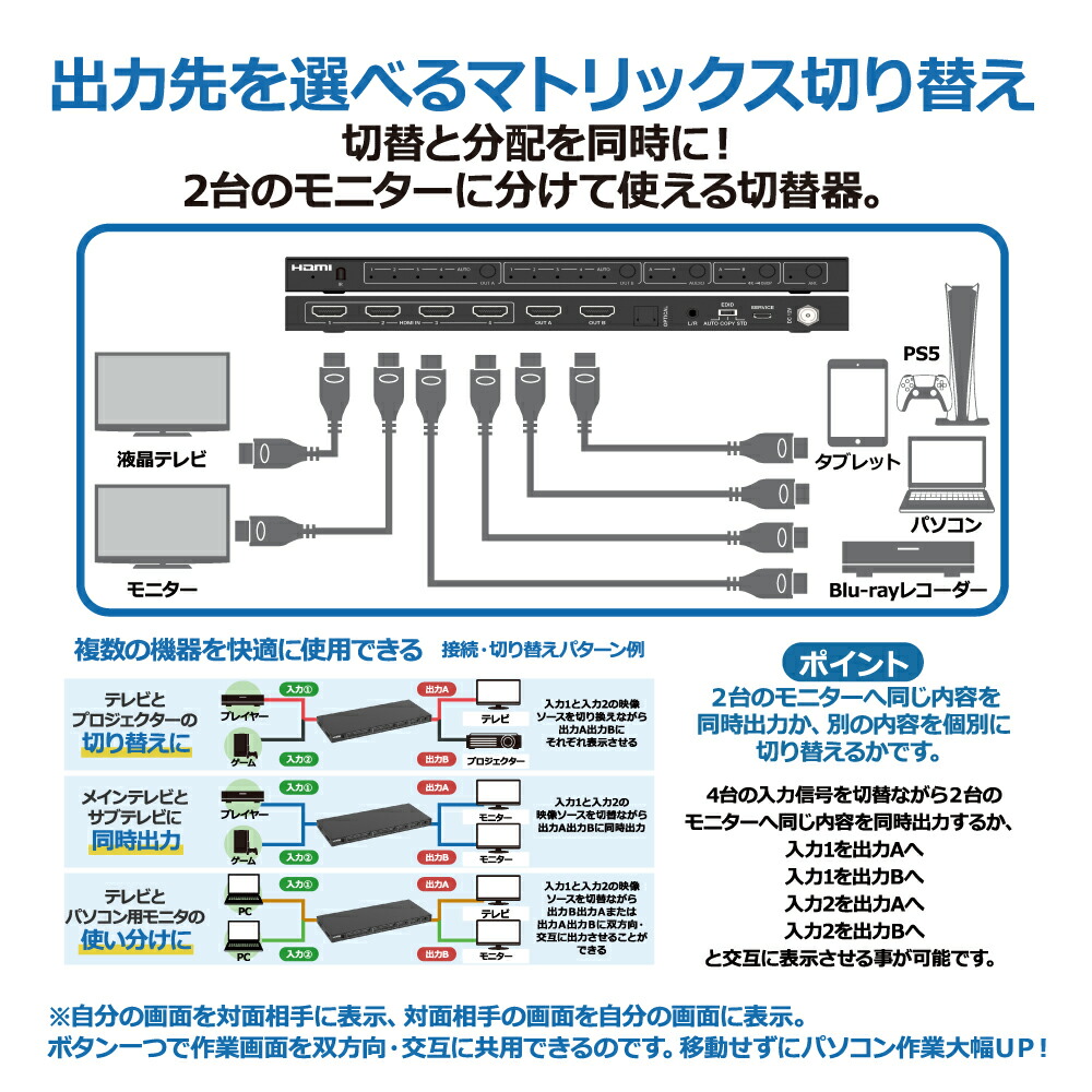 楽天市場】【 切替+分配+音声分離+ARC】HDMI マトリックス 4K 音声分離