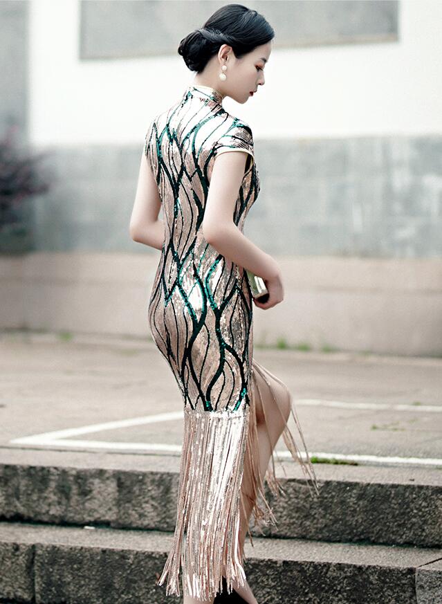 楽天市場】チャイナドレス スパンコール チャイナワンピース ロング丈