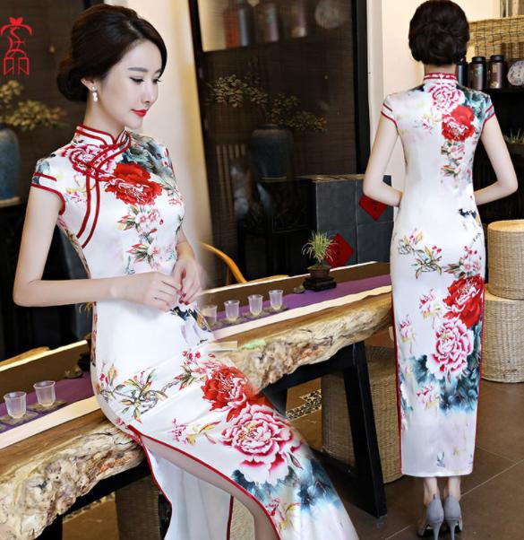 楽天市場】ロングチャイナドレス 白地に艶やか花柄チャイナドレス
