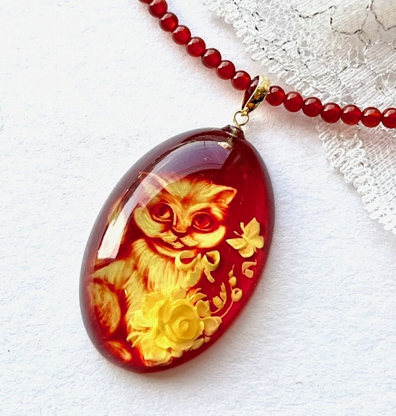 楽天市場】【還暦祝い 女性】K18琥珀インタリオ ネコ 猫 ネックレス