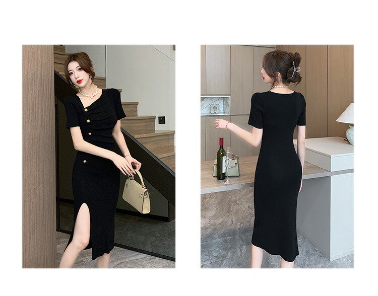 楽天市場】タイト ワンピース アシンメトリーネック ゴールドボタン 黒