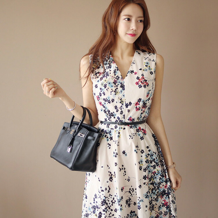 楽天市場】花柄ワンピース ベルト付き Vネック Aライン フレア