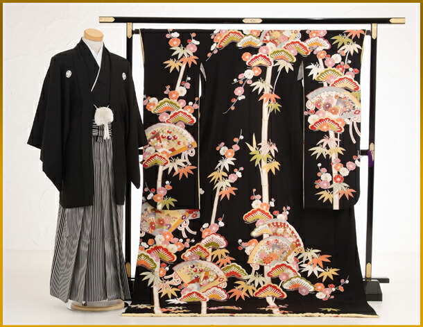 楽天市場】レンタル 黒引き振袖 着物 神社婚 和装 1AJ0361 扇面に