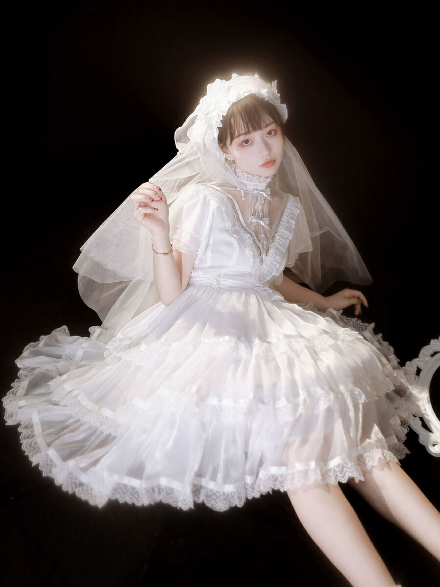 楽天市場】甘いロリータOPドレスポリエステル半袖フリルリボンレース