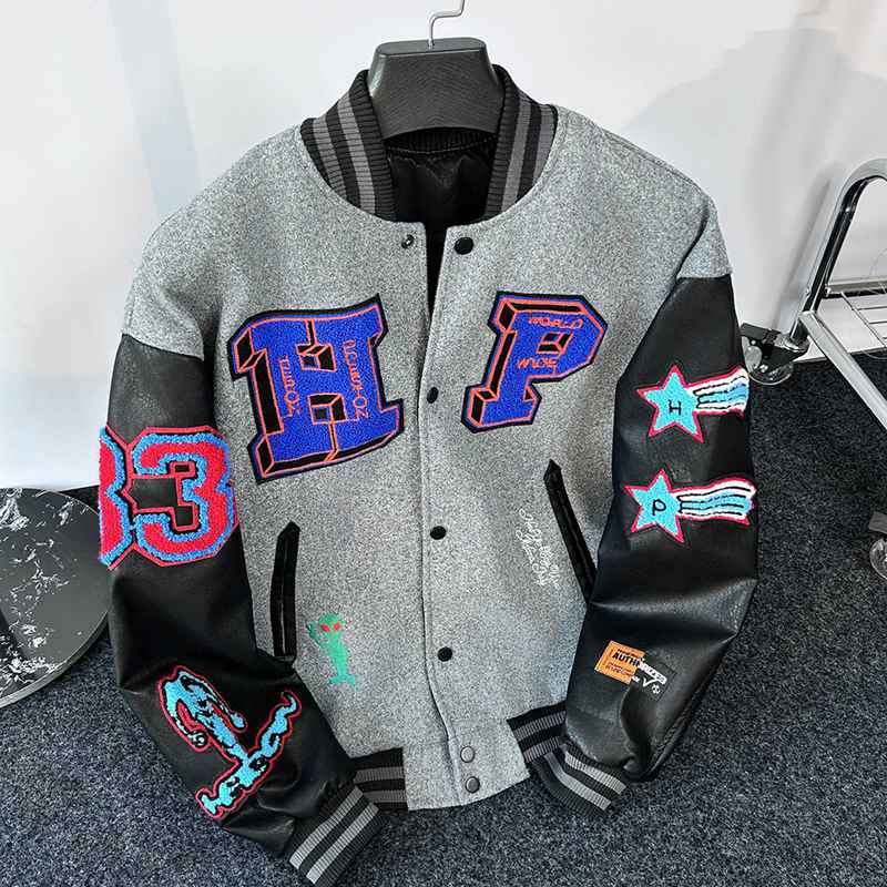 楽天市場】メンズ アメカジジャケット PU革袖 刺繍 英語 スタジャン