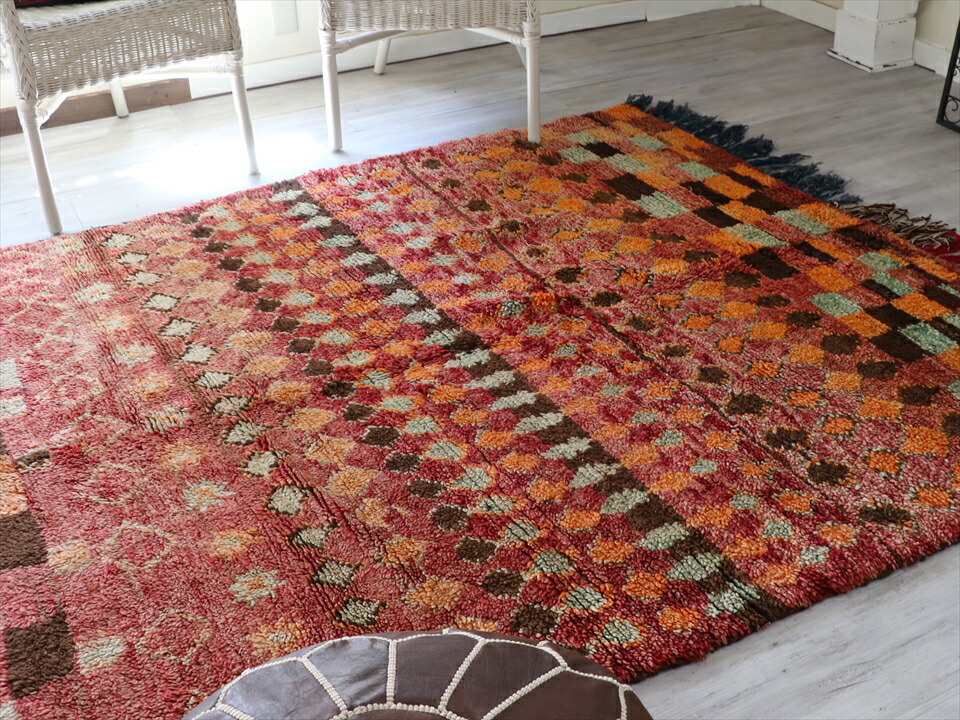 モロッコ ヴィンテージラグ141 レア ブラウン ターコイズ オレンジ