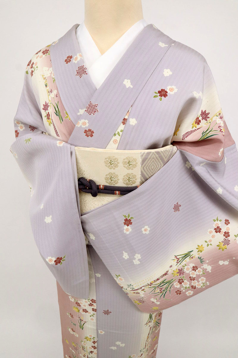 楽天市場】【中古】長尺 単衣 縦のラインぼかしに植物花模様