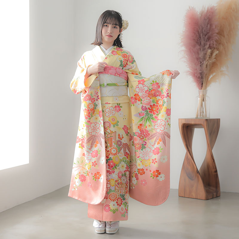 楽天市場】【成人式 振袖 レンタル】RS1423 正絹 黄 松牡丹に御所車