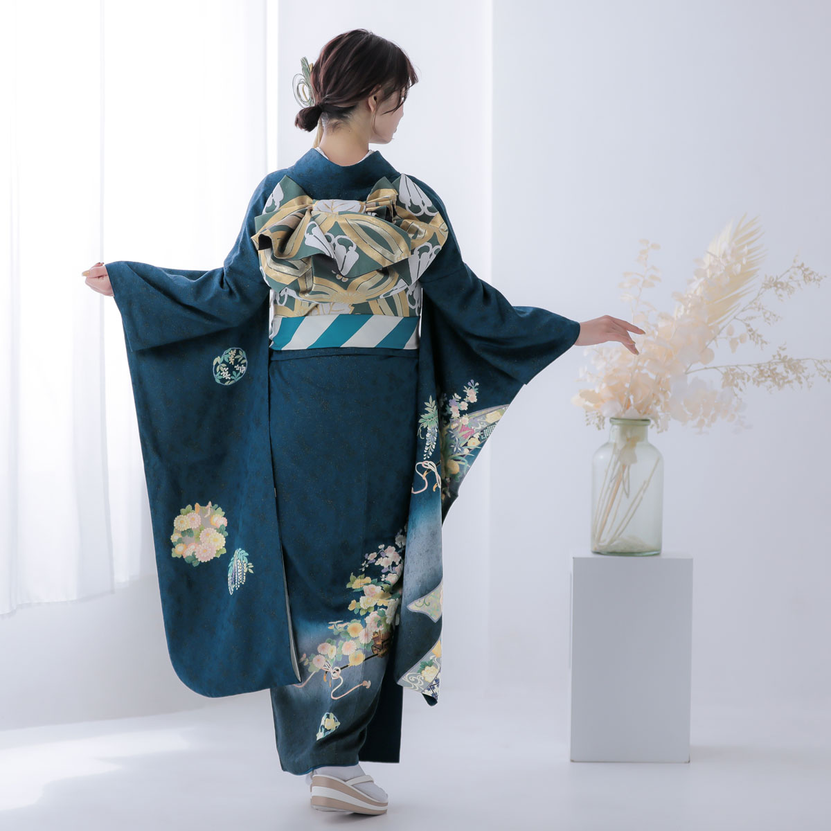 楽天市場】【成人式 振袖 レンタル】RS1427 正絹 青緑 熨斗に花車フル