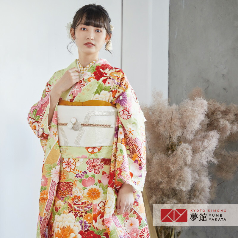 楽天市場】【成人式 振袖 レンタル】RS1553 正絹 黄緑 熨斗貝桶に花