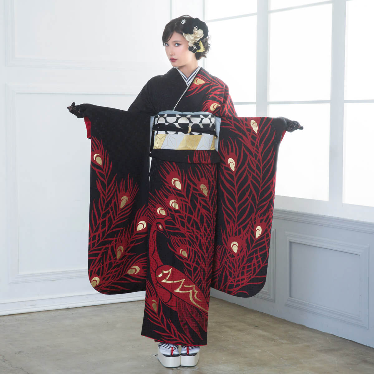 楽天市場】【成人式 振袖 レンタル】RS1668 正絹 黒 孔雀 モダン