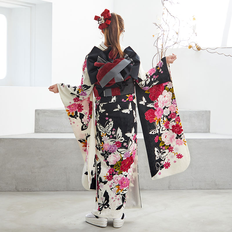 楽天市場】【成人式 振袖 レンタル】RS1631 正絹 黒白 花と蝶フル