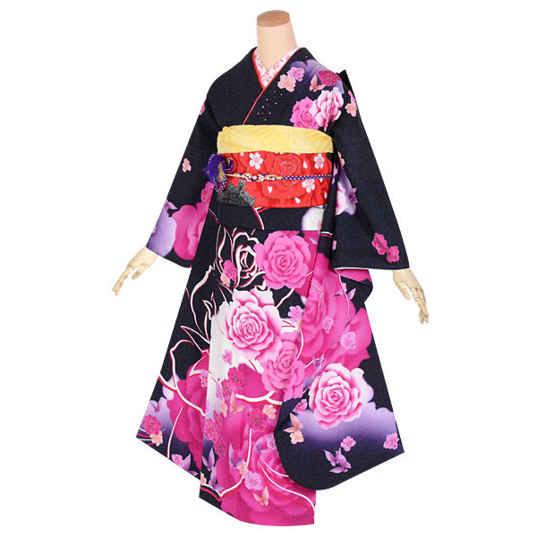 楽天市場】【成人式 振袖 レンタル】RS1633 正絹 黒 薔薇と蝶々フル